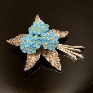 Vtg Forget Me Not Flower Marcasite Sterling Silver 925 German Brooch Pin J125